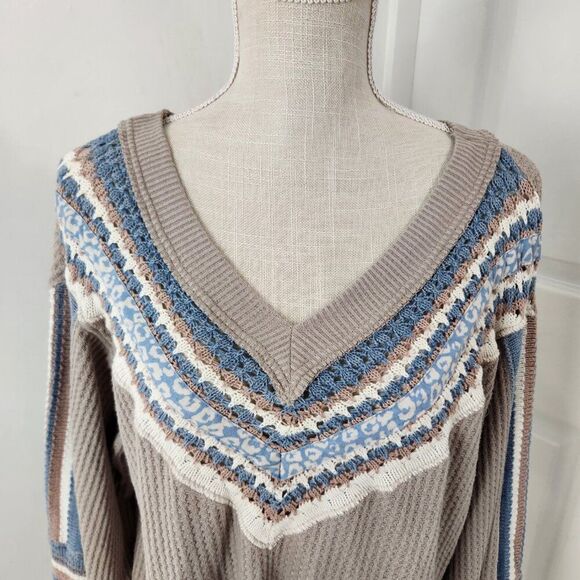 Free People Sweater Womens XS Copenhagen Thermal Waffle Contrasting Sleeves - Picture 2 of 16